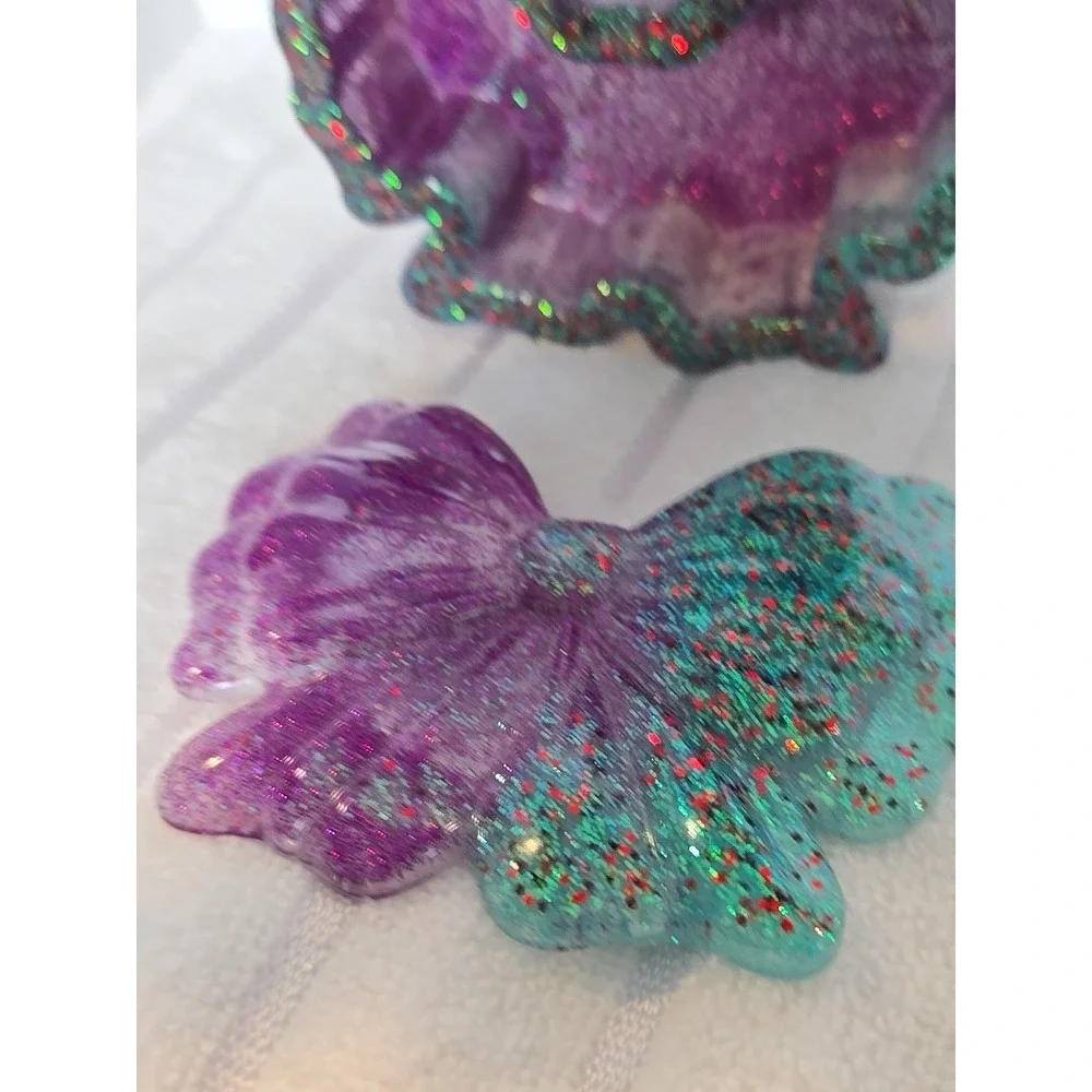 Handmade Resin Bow Shaped‎ Trinket Box With Lid Purple Green Glitter 769